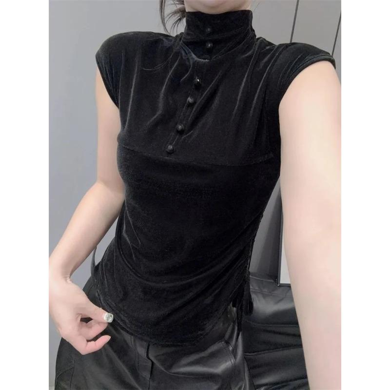 

Women Brown Velvet Mock Neck Button Detail Side Drawstring Top S чорний