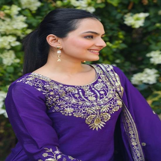 Regal Purple Embroidered Silk Suit with Matching Dupatta