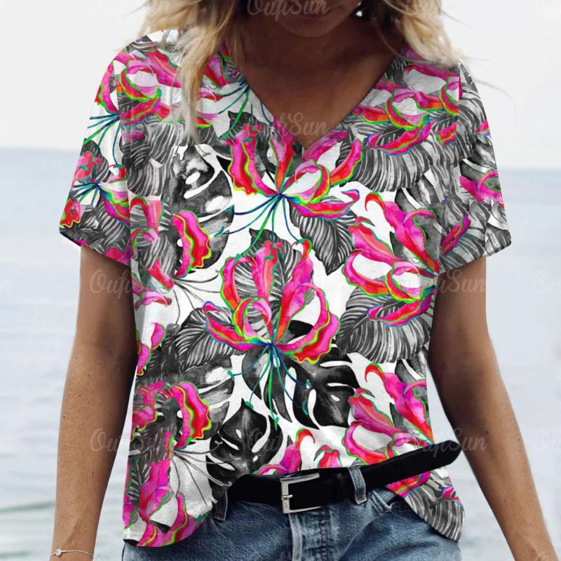 2024 Sommer Damen Floral T-Shirt Mode Tops Tees Weiblich Täglich Lässig V-Ausschnitt Kurzarm Kleidung Damen Stilvolle Streetwear