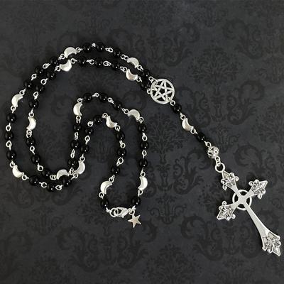 Gothic Rosary Necklace - Gothic Prayer Beads, Pentagram Necklace, Beaded Trad Goth Necklace