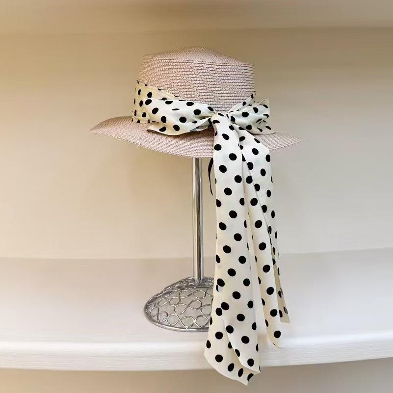 

Соломенная шляпа рыбака в горошек с лентой-бантом, шляпа-цилиндр с плоским верхом, универсальная солнцезащитная шляпа от солнца, соломенная шляпа Adult Average Size розовый