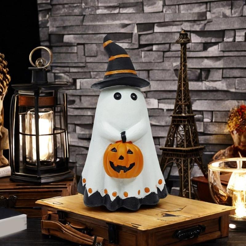 62KD Durability Resin Craft Horror Pumpkin Ghostly Statues for Halloween Enthusiasts