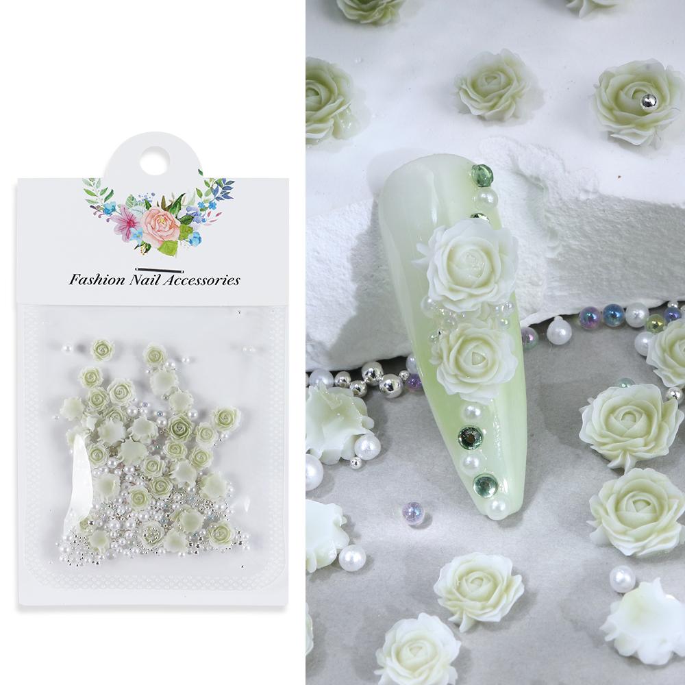 

100 шт. летние 3D-цветочные подвески для дизайна ногтей с зелеными листьями, разноцветные украшения из смолы в виде розы для ногтей, аксессуары для маникюра «сделай сам»