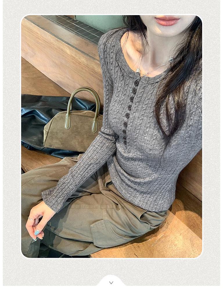 Henley Collar Cable Knit Slimming Base Layer Top for Women - Autumn/Winter Elegant Slim Fit Long Sleeve
