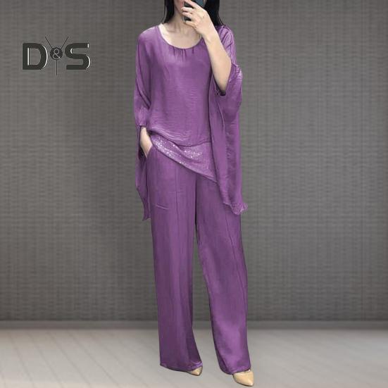 Abito casual da donna con giunture Top Pantaloni a gamba larga Abito ampio per casa Festa Ufficio Girocollo Manica a pipistrello Abito da pendolarismo