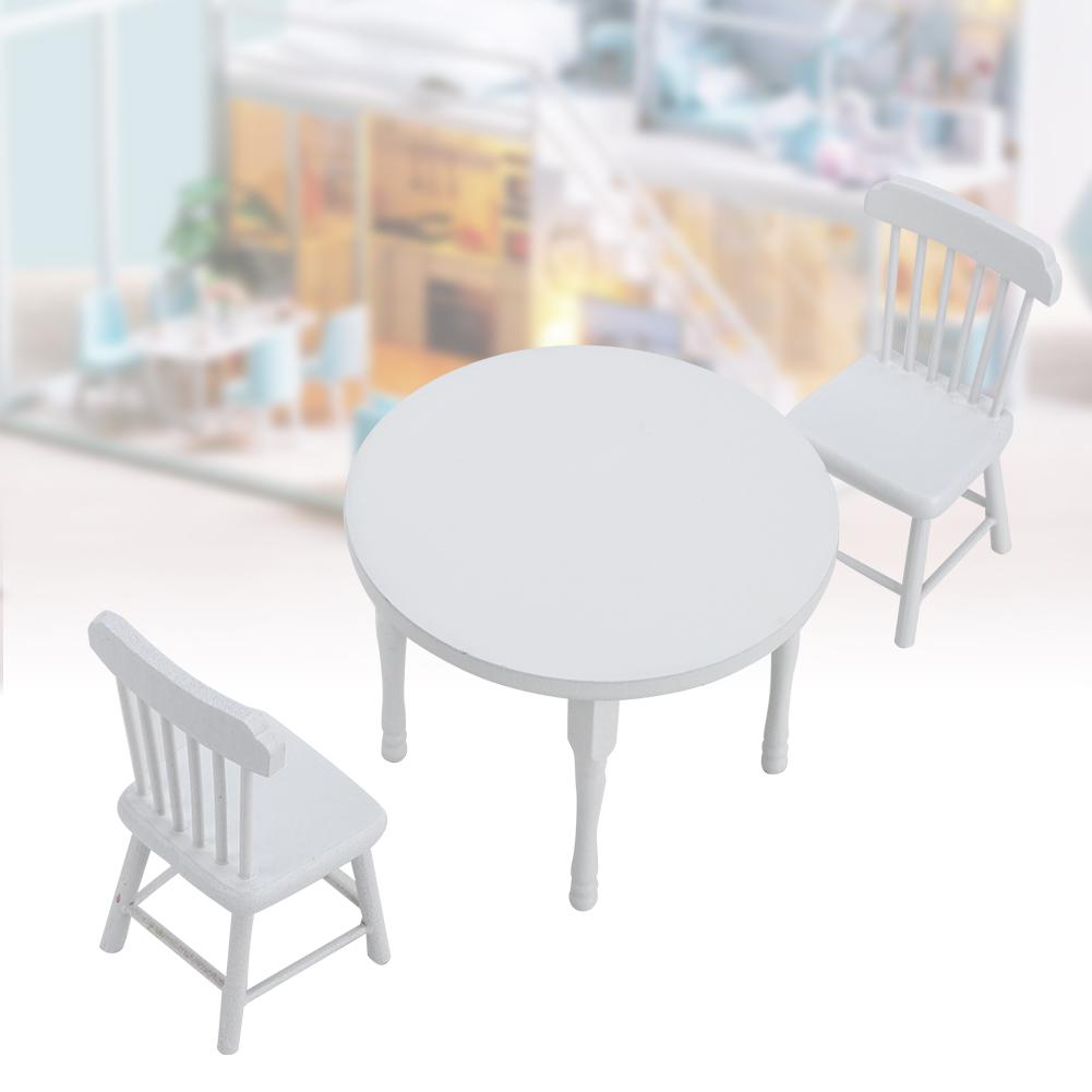 1:12 Miniature Wooden White Dining Table and Two Chairs Kitchen Furniture Set Dollhouse