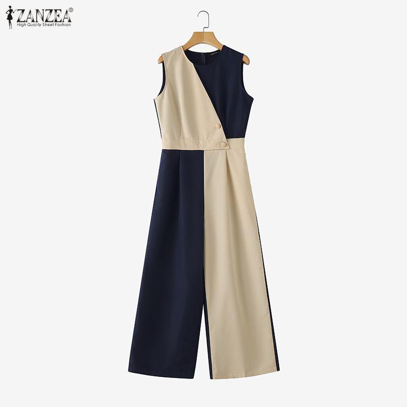 ZANZEA Women Casual Round Neck Loose Sleeveless Wide Leg Jumpsuits