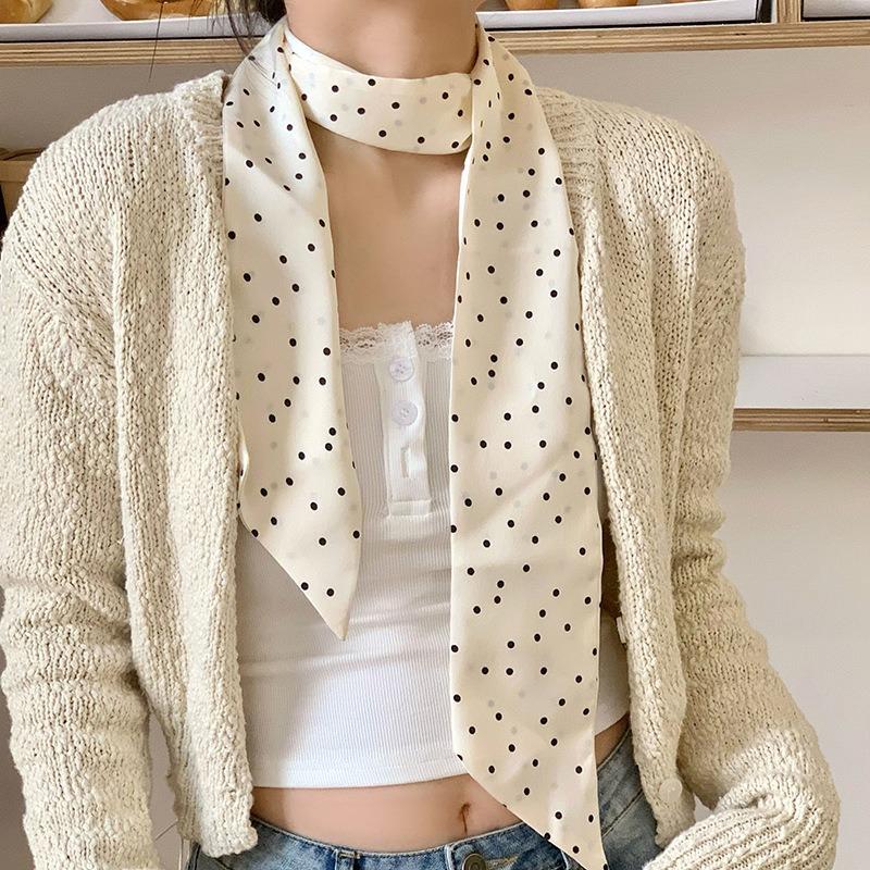 Silk scarf, long strip, high-end sense, retro polka dot neck tie, necktie, versatile streamer, headband, decorative belt.