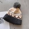 Winter Vintage Jacquard Knit Hat Women Acrylic Beanie Hat With Ball Plush
