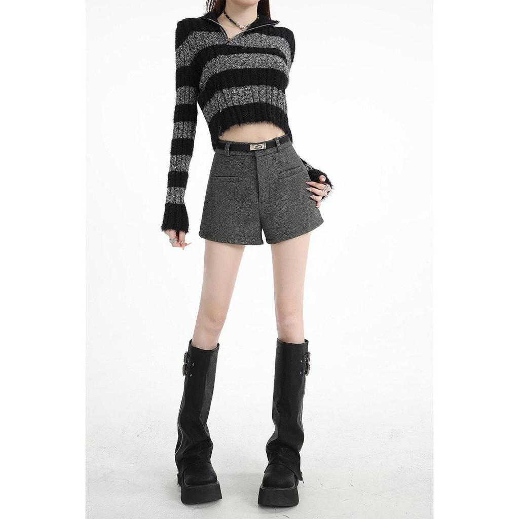 Women's High-End Wool Blend Bootcut Shorts - Slim-Fit A-Line, Petite, Hip-Enhancing, Autumn/Winter Wide-Leg Pants