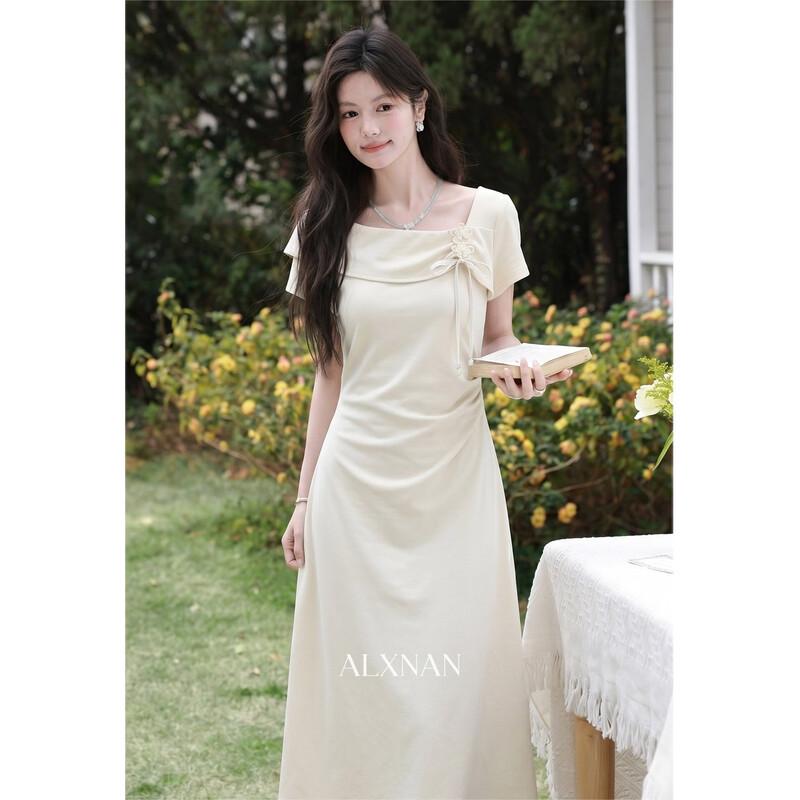 Elegant French Retro V-Neck A-Line Maxi Dress L