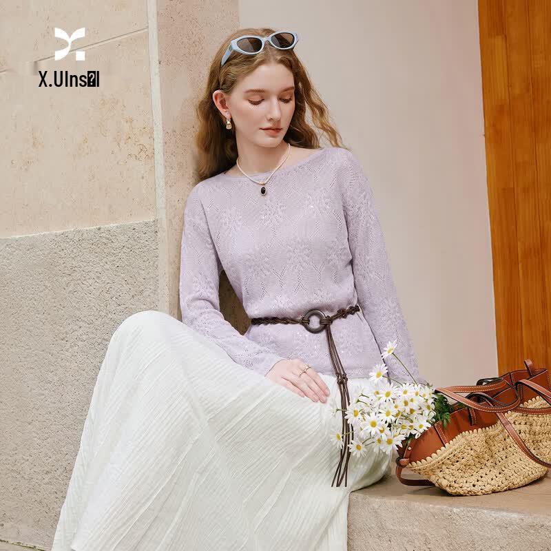 Women s Hollow Knit Tie-Waist Blouse L