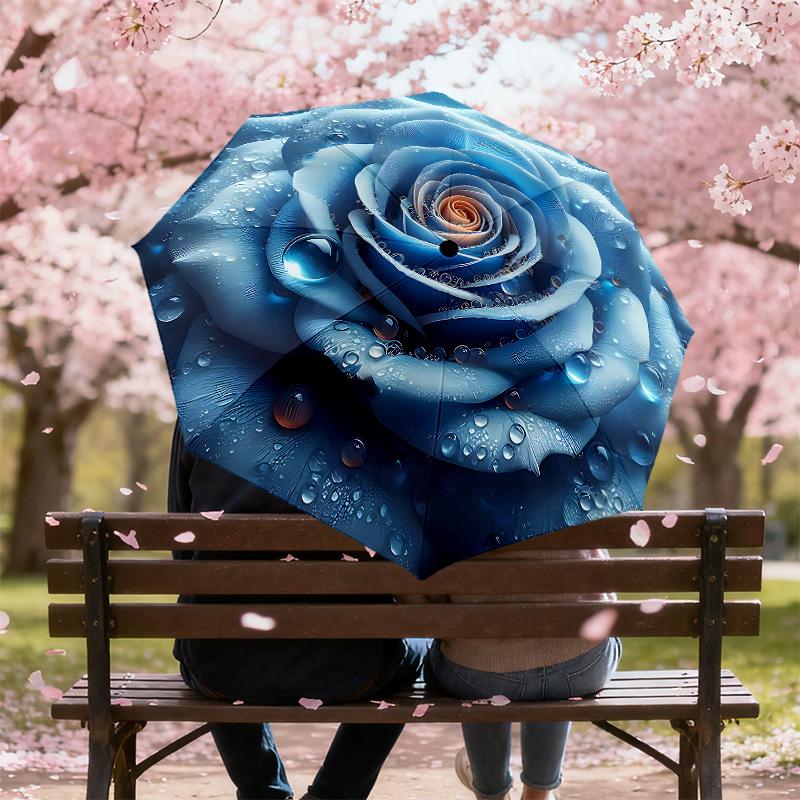 1PC Blue Rose Waterdrops Umbrella-8-Rib Reinforced, Automatic Open, Lightweight & Durable, Cute Fashion Accessory for Outdoor-P103