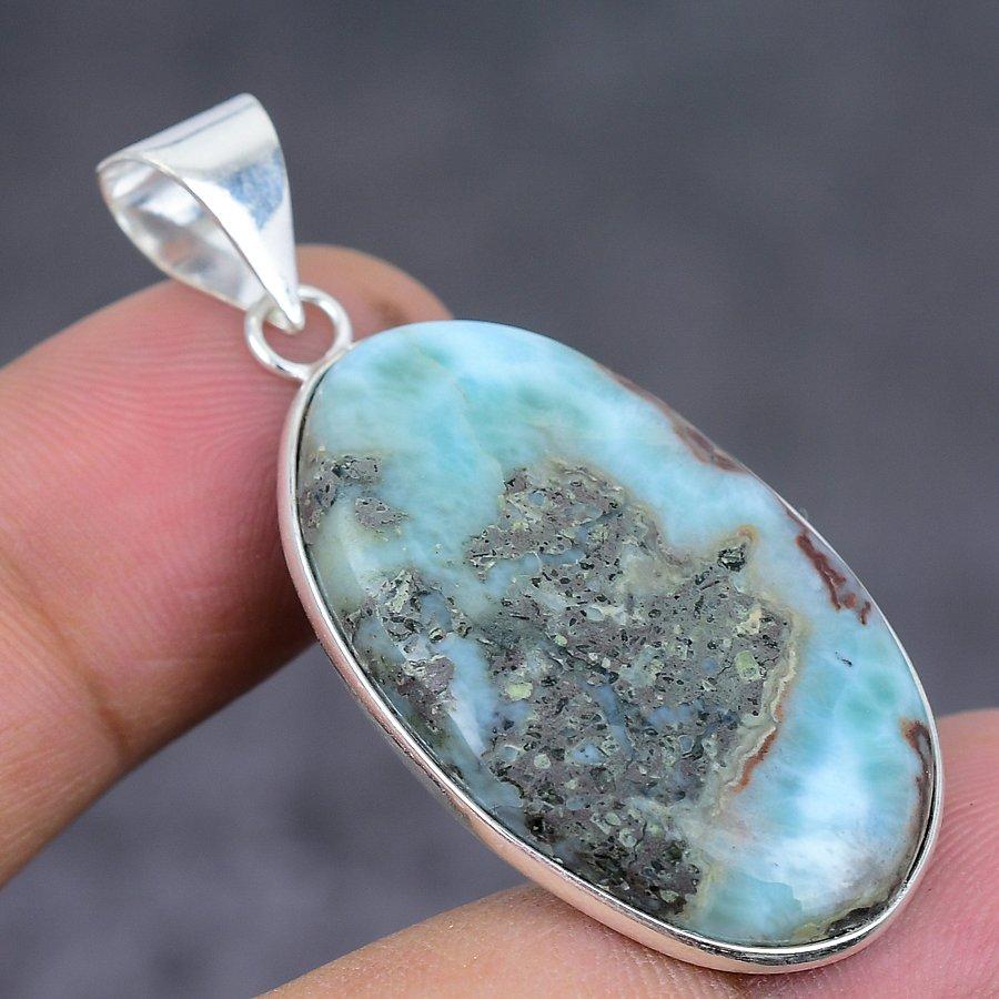 Natural Larimar Gemstone Handmade 925 Sterling Silver Jewelry Pendant 1.77" e7A64