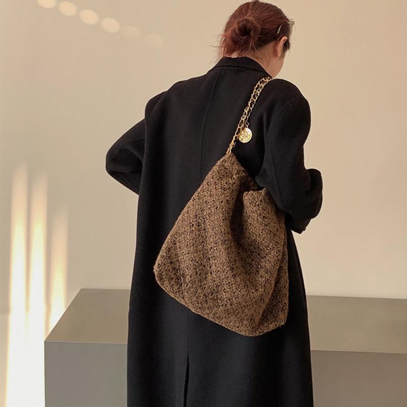 Large Capacity Brown Tweed Tote Bag with Chain Strap Minimalist Style Commuting and Daily Use Durable Handle Shoulder Bag KTY