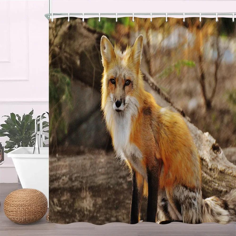 Painting Animal Lover Fox In The Forest Shower Curtain,Rustic Lodge Forest Hunting Bathroom Decor Wild Animals Bathroom Curtains