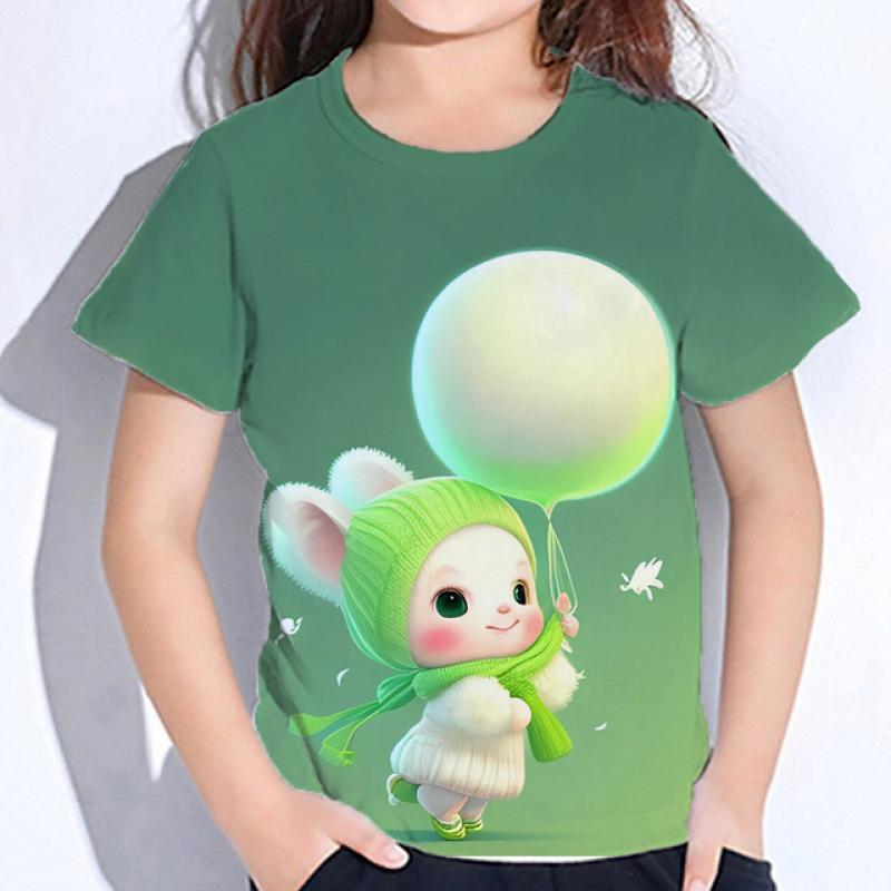 Girl Clothing Hairy Cute Animals Rabbit T-Shirt For Kids Clothes From 8 To 14 Years Old Cat Tops Children Tshirts Summer Tees