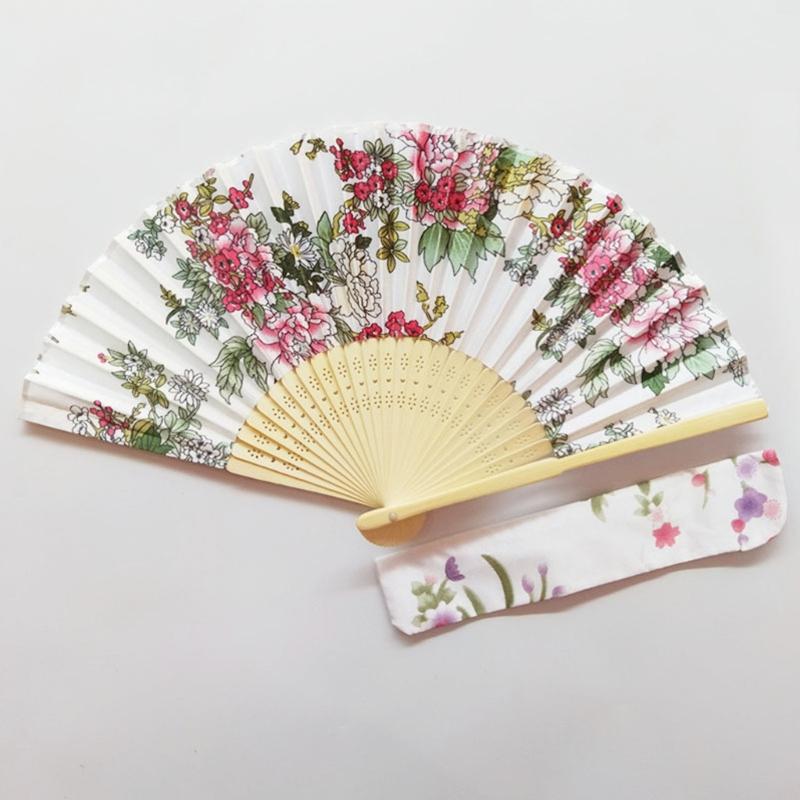 Vintage Folding Hand Fan with Bag Bamboo Fabric Fans for Women Dance Gift Music Festival Performances Wedding Decoration