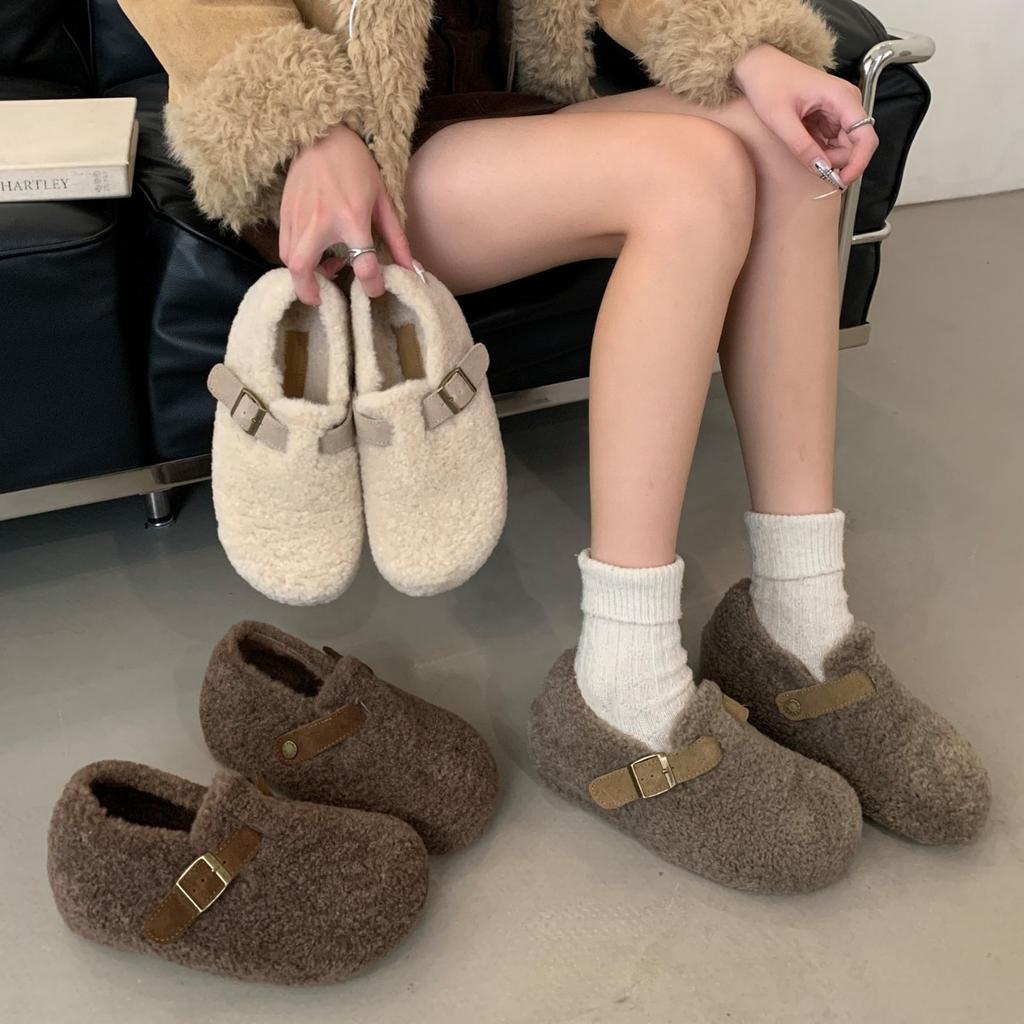 2025 neue Retro-Gürtelschnalle flauschige Schuhe für Damen, plüschige thermische Baumwollschuhe, lässige Woll-Slipper mit Plateausohle