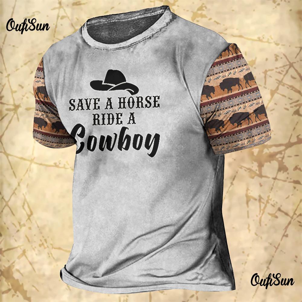 Men's Vintage T-shirts Cowboy Design Western America Tops 3D Printed O-Neck Oversized T-shirt Short Sleeve Streetwear