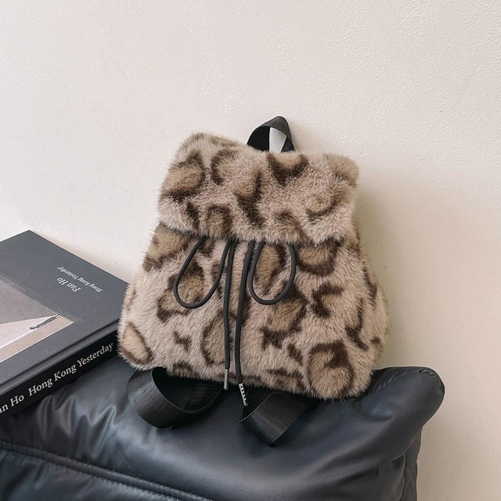 Large Capacity Leopard Print Daypack Adjustable Plush Knapsack Fashion Faux Fur Backpack Women