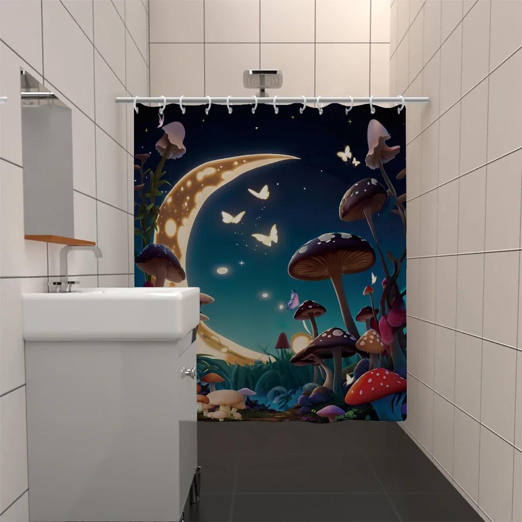 1 Piece 180X180Cm Mushroom Moon Starry Sky Butterfly Printed Shower Curtain Partition Bathroom Waterproof And Mildew Proof