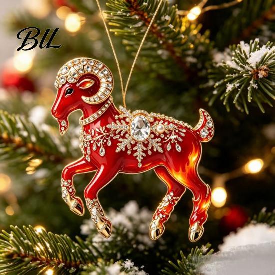 Decorative Goat Figurine Acrylic Christmas Tree Pendant, Hanging Ornament with Collectible Holiday Ornaments Rhinestone, Golden Cord for New
