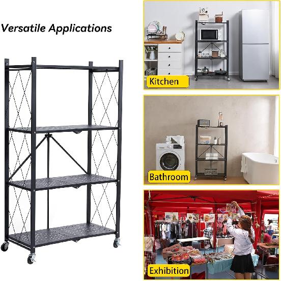 BRIAN & DANY 4-Shelf Foldable Storage Shelves with Wheels, Folding Metal Rack Shelving Unit, Heavy Duty No Assembly Organizer Shelf for Garage,