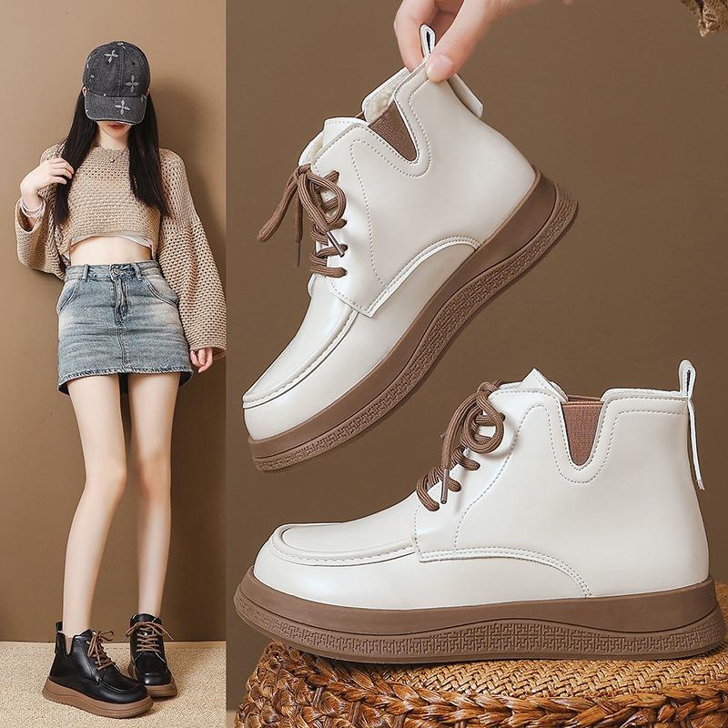 Retro flat-bottomed Martin boots women's new winter velvet warm and comfortable trendy lace-up casual short boots