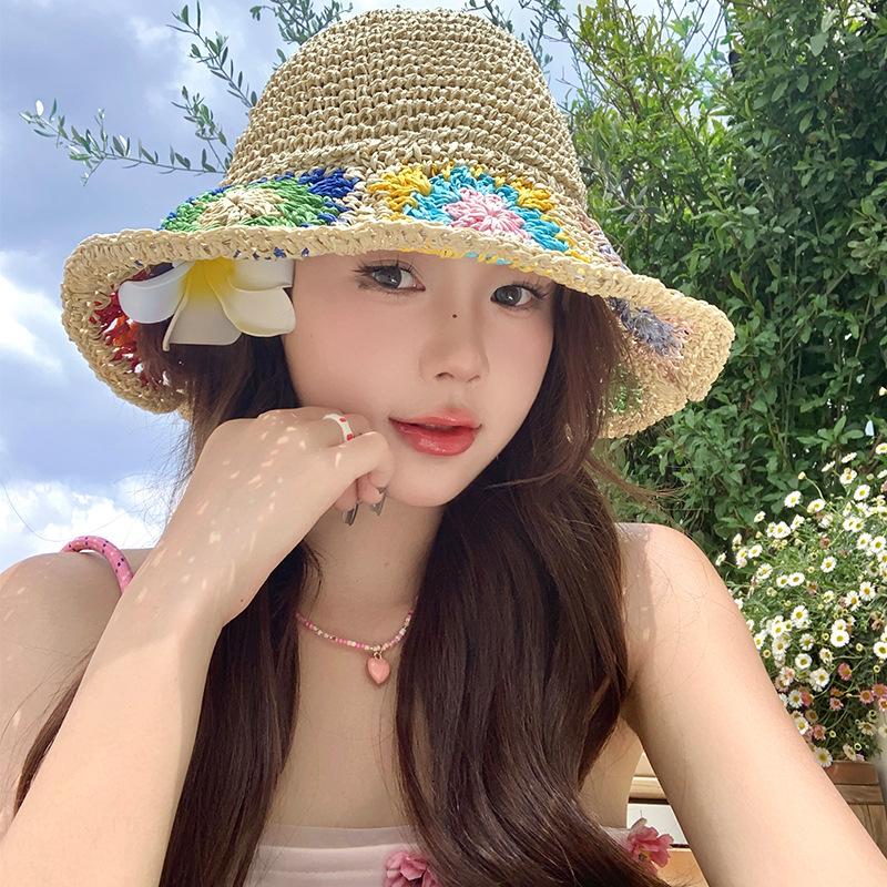 French flower hollow woven straw hat women's summer sunshade sun protection bucket hat seaside beach vacation sun hat