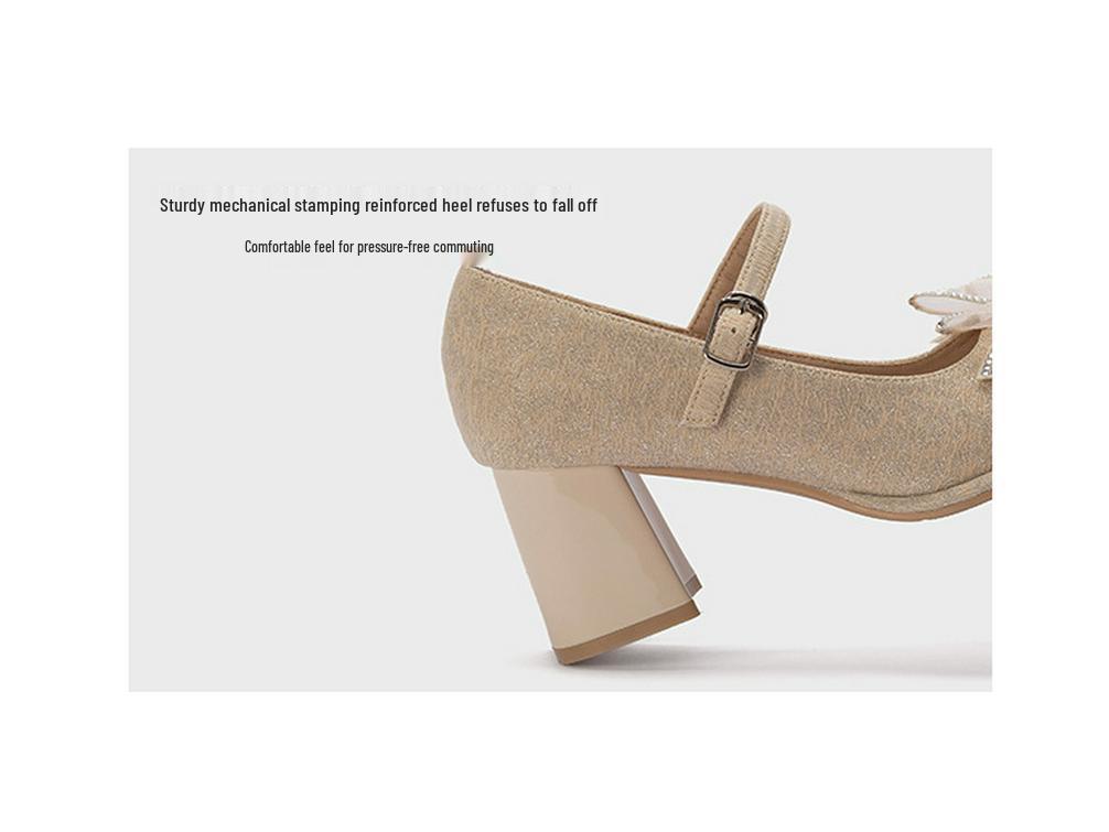 2024 Spring/Summer Bridesmaid Mary Jane Rhinestone Bow Heels - Versatile Women's Chunky Heel Shoes