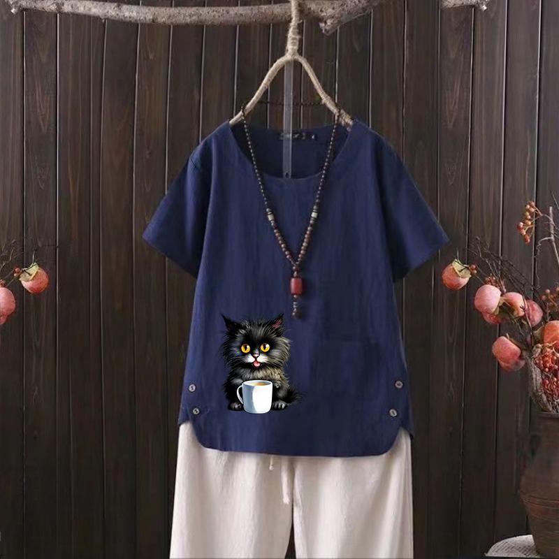 

2025 Лето Новая Футболка Повседневная Женская Футболка Из Хлопка И Конопли С V-образным Вырезом и Принтом Кошки 4XL темно-синий