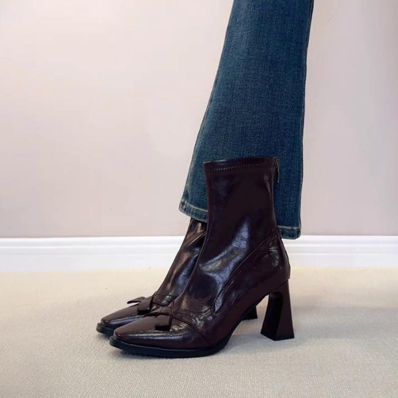 Sheepskin version~ retro bow high-heeled boots small square head temperament thick heel short boots rear zipper elastic thin boots women