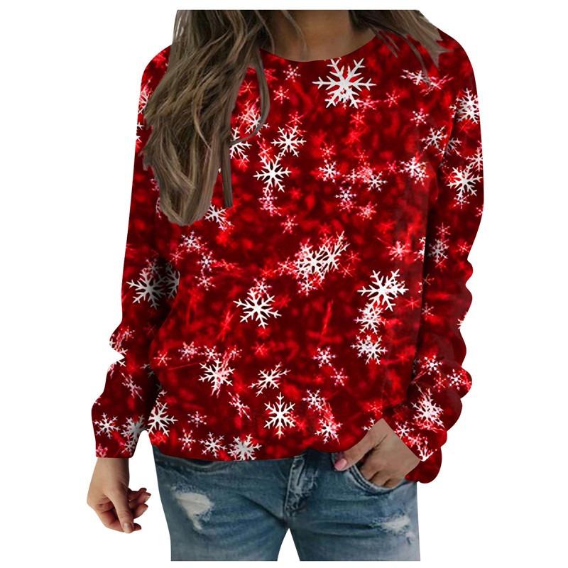 Christmas Decorations Pattern Women Red T-Shirts Autumn Winter Long Sleeve 3D Snowflakes Print
