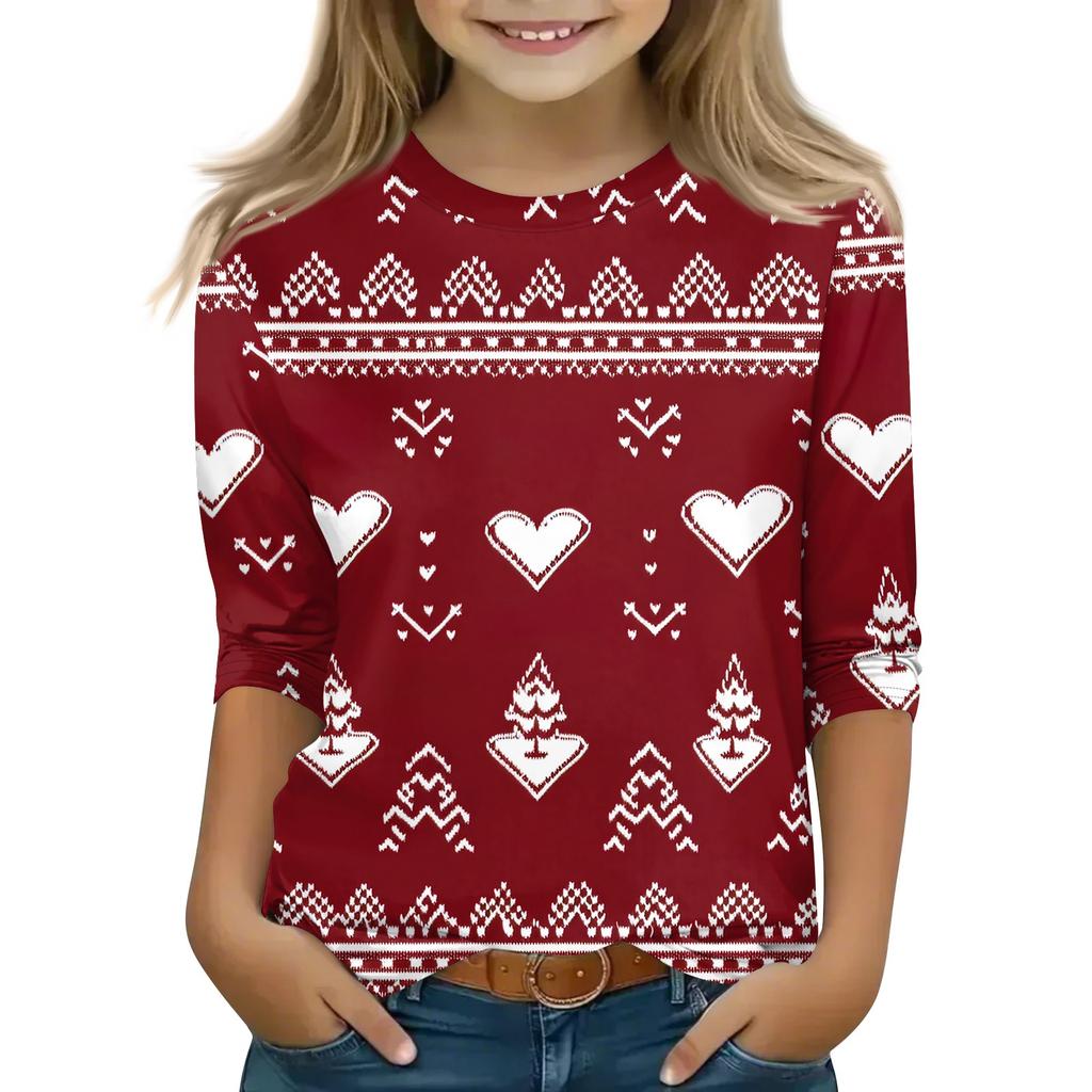Children's 3/4 Sleeve Tops Casual Christmas Print T Shirt Round Neck Pullover Blouse