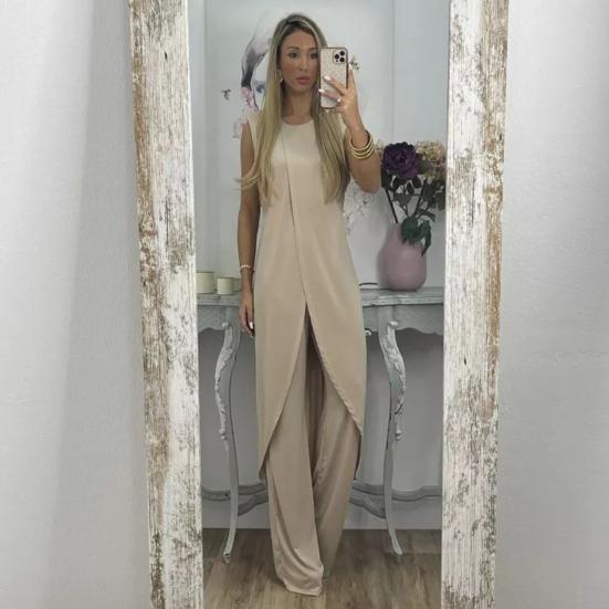 2 Pcs/Set Women Top Pants Set Irregular Hem Wide Leg Solid Color