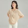 100% Silk Ghost Crepe Short Sleeve Summer Fashion Hooded Collar Half Open Solid Color Mulberry Silk T-shirt for Women