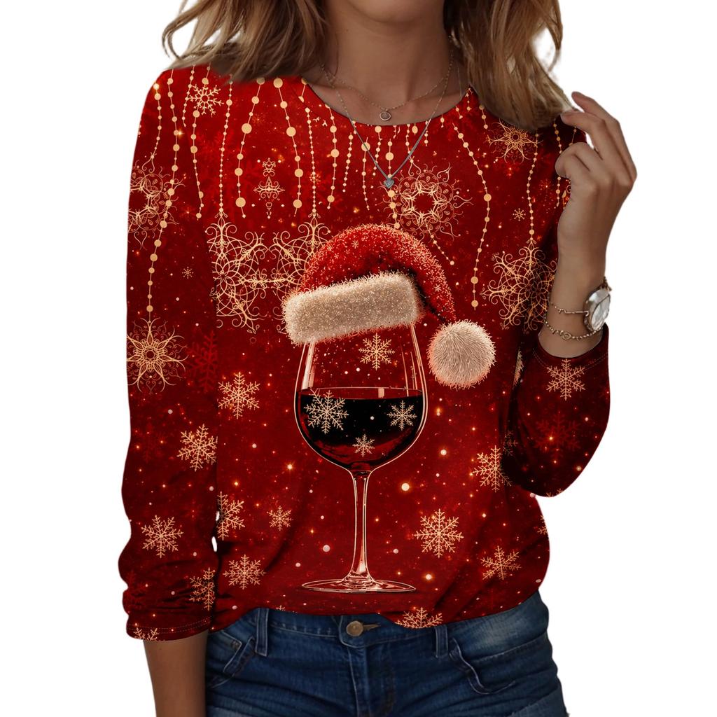 Women's Christmas Printed Long Sleeve Round Neck Top Casual Blouse