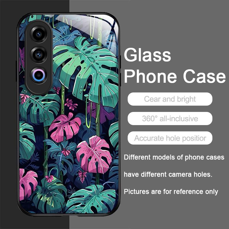 Fashion Palm Leaf Floral Pattern Tempered Glass Phone Case for OnePlus 13R 12 11 10 9 Nord CE4 3 2 Lite ACE2 ACE3 Pro Hard Cover