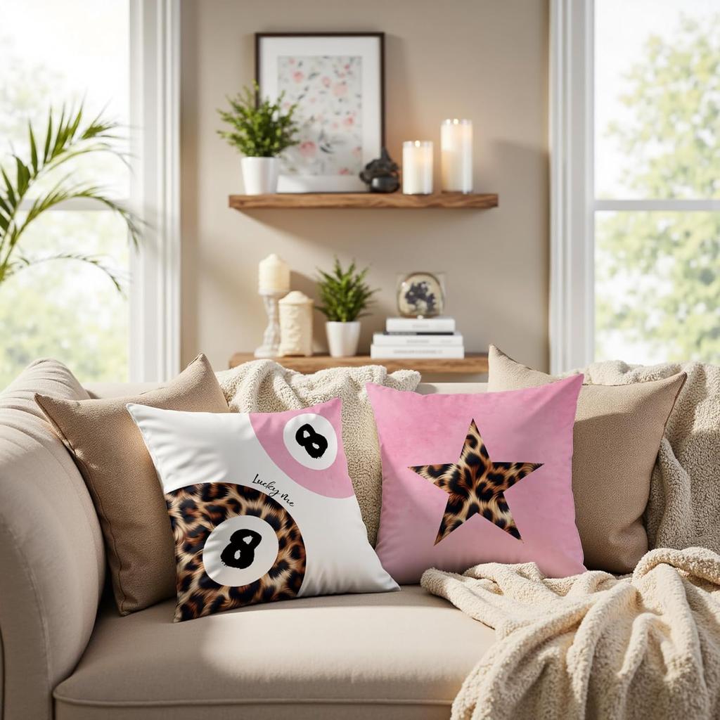 Trendy Funky Cheetah Pink Y2K Luck 8 Ball Pillow Covers 18x18 Set of 2,Cheetah Leopard Lover Gifts for Women,Coquette Preppy Pillow Covers for Girls