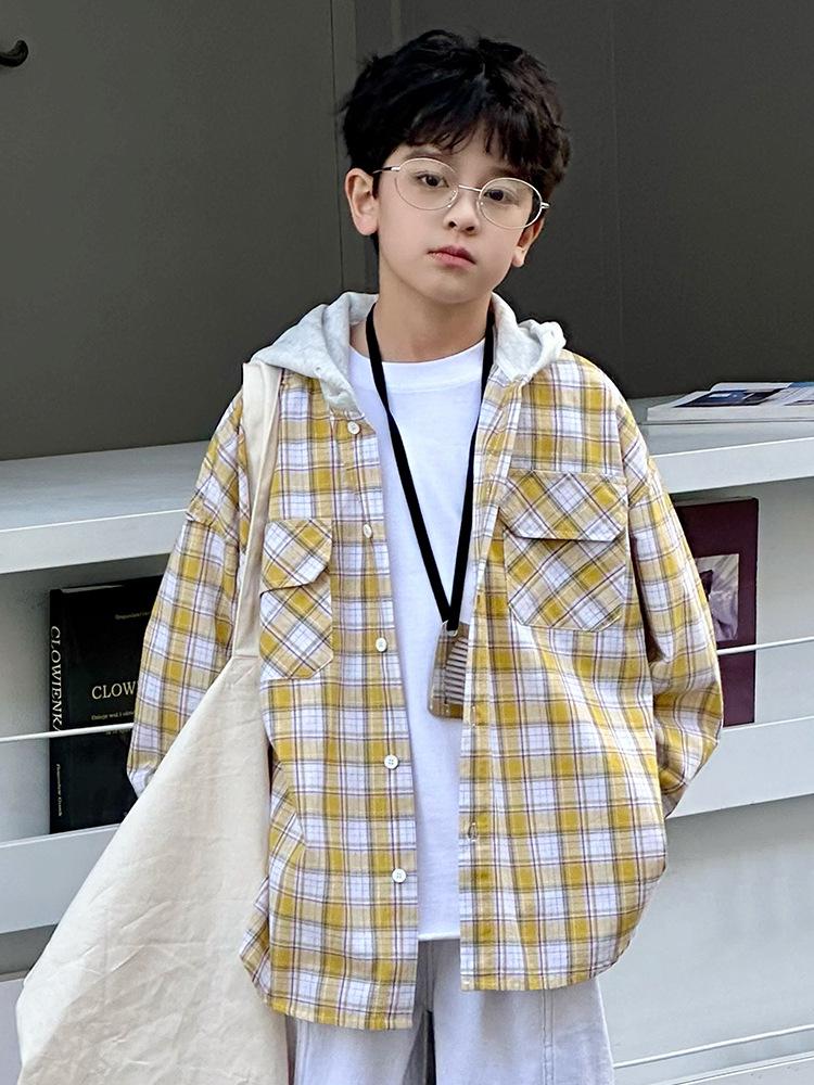 

Клетчатые рубашки с капюшоном для мальчиков 2025 года: Модный корейский стиль для детей 160 cm жёлтый