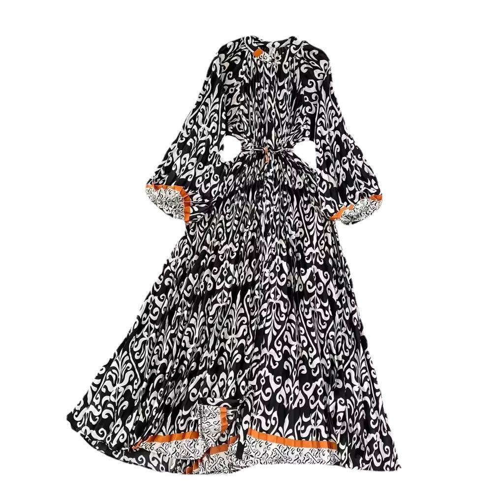 High sense light luxury temperament lantern long sleeve round neck waist thin single breasted printed dress elegant long skirt