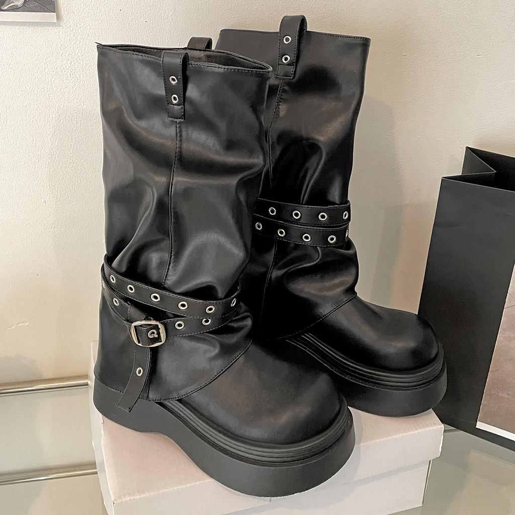 White Retro Platform Boots Women's Boots 2025 New Autumn Versatile Small Height-increasing and Thin Trouser Boots