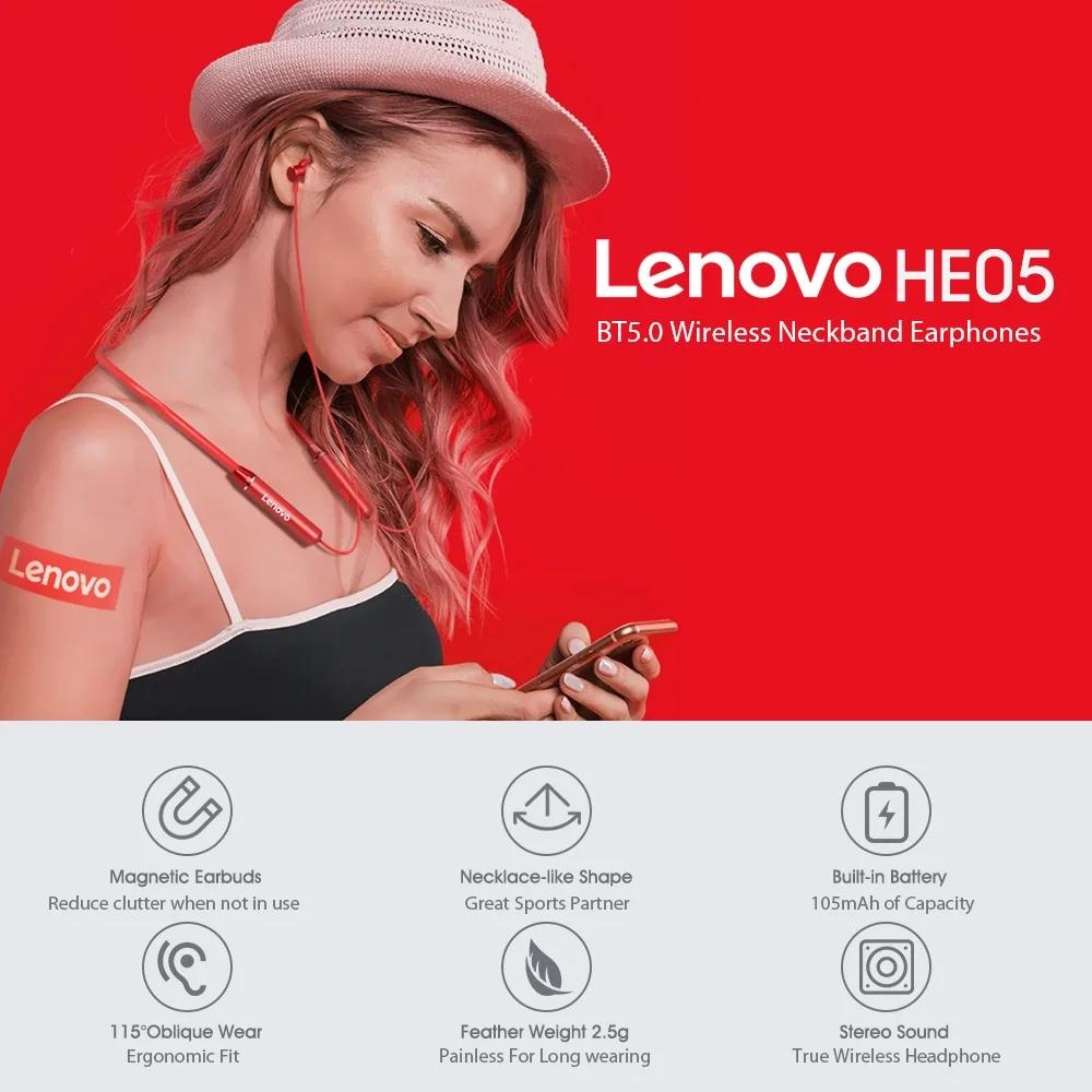 Lenovo HE05 Wireless Earphone Bluetooth 5.0 Headset Neckband Magnetic Sport Headset with Mic