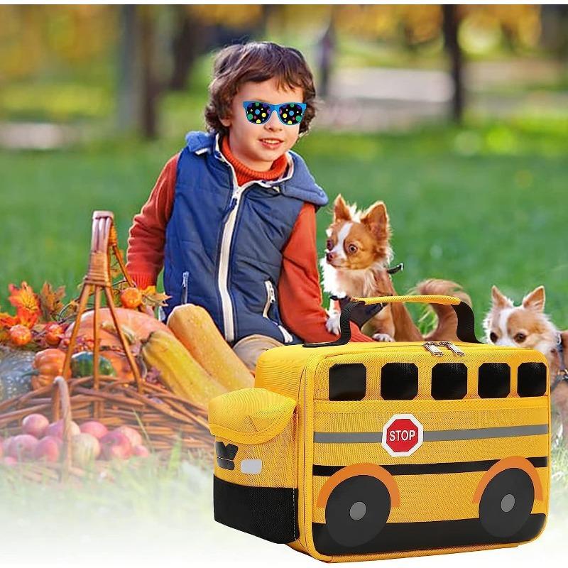 Kids Cartoon School Bus Lunch Bag - Thermal Insulated Cooler Tote for Boys Girls - Portable Yellow Car Picnic Box