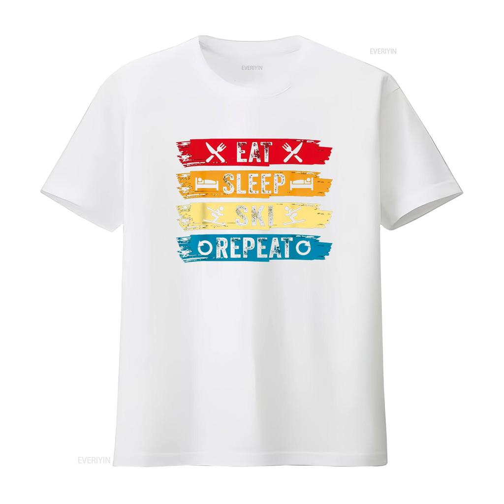 Eat Sleep Ski Repeat Vintage Alpine Skiing Winter Sports T Shirt Vintage Washed Stretched Homme Fashion Top For Everyday Wear