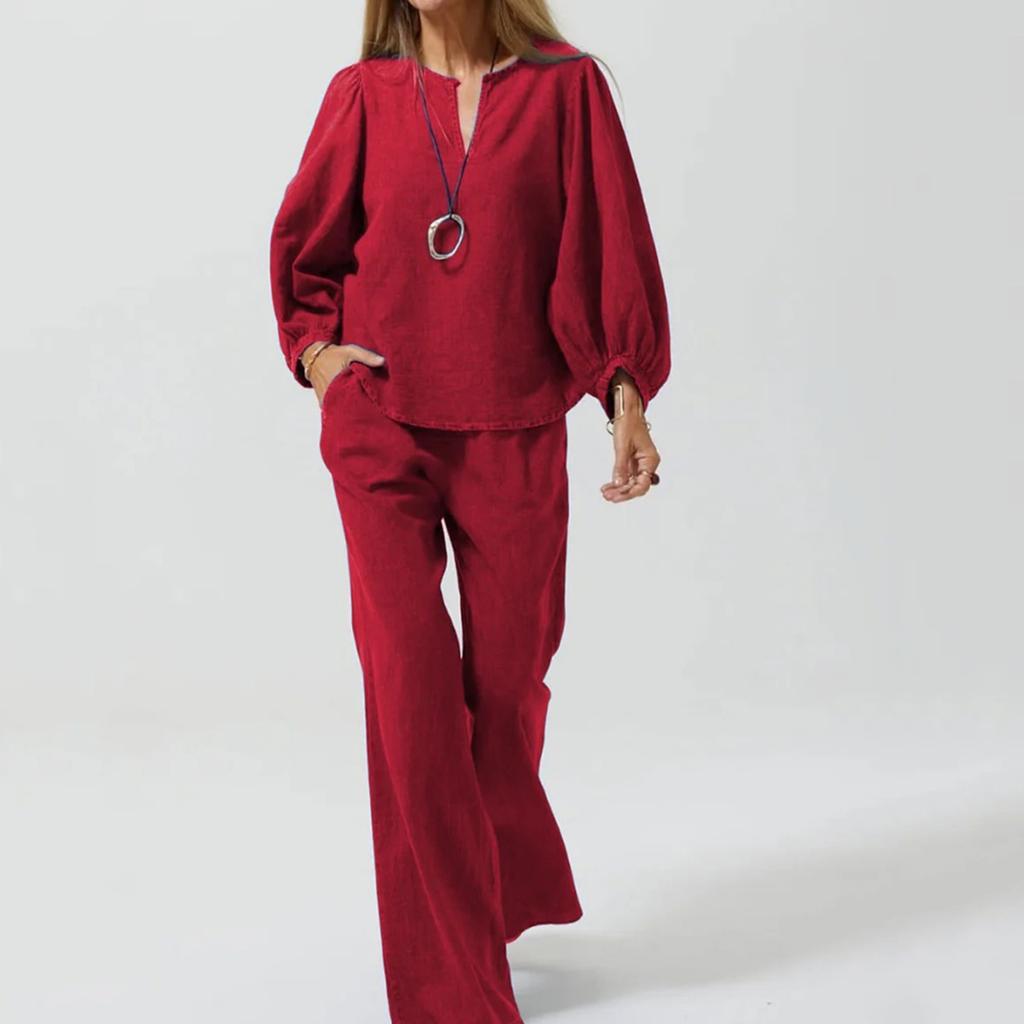 Women's Casual Long Sleeve Cotton Linen V-neck Straight Pants Two-piece Set