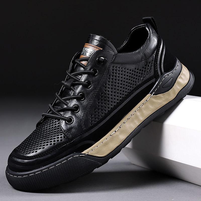 Men's board shoes casual leather shoes men's summer hollow breathable cool leather shoes real cowhide sports shoes youth shoes black