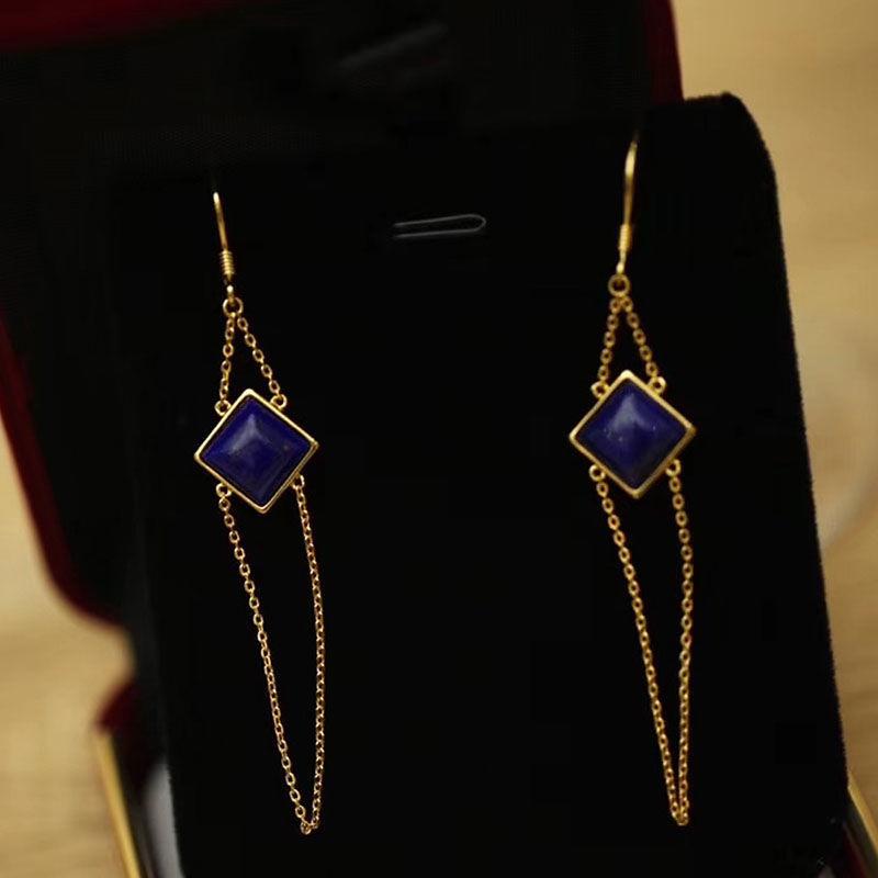 Kreatives Design Natürlicher Lapislazuli Lange Geometrische Quaste Blaue Ohrringe Exquisiter Eleganter Charme Damenschmuck