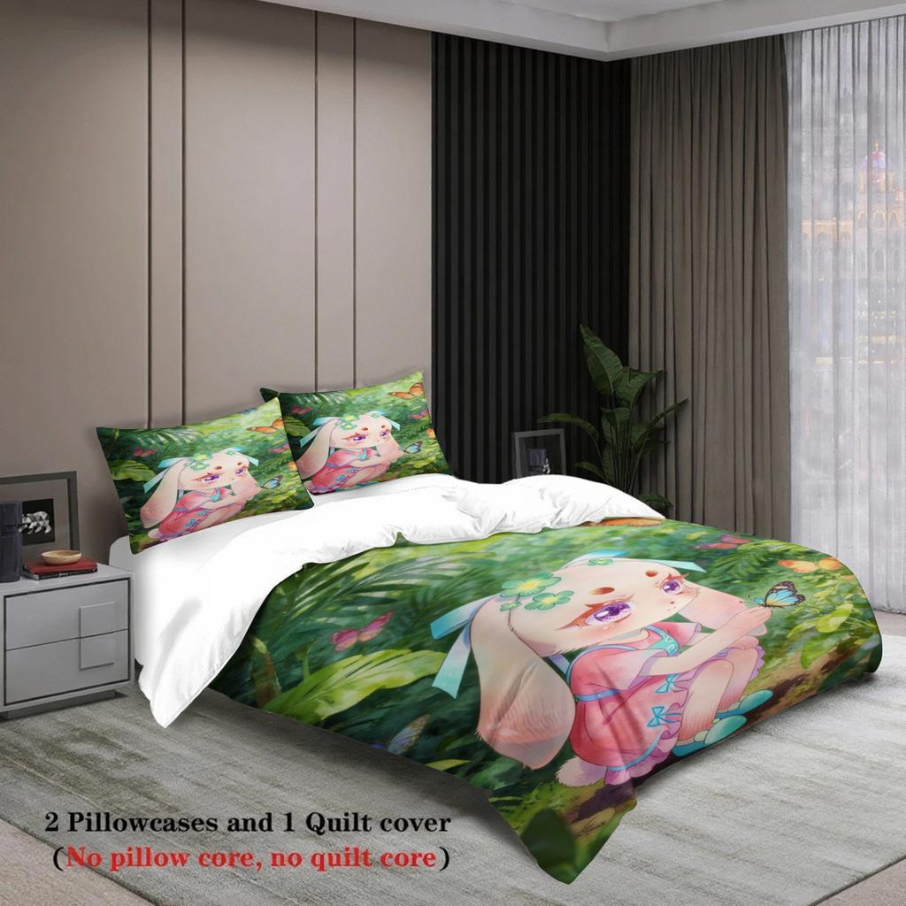 Softville Cozy Town 3PCS Bedding Sets Lop Rabbit Reaching for a Butterfly Pint Duvet Cover No Filling Cartoon Style Queen Size